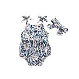 niceclould Toddler Baby Girl Summer Jumpsuit Outfit Sleeveless Tie Strap Fruit/Floral Print Romper Headband Newborn Clothes (A-Blue, 3-6 Months)