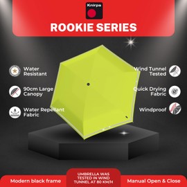 Knirps Rookie Manual Open Close Rain Umbrella - Compact Umbrella For Backpack - Windproof Travel Rain Umbrella for Kids - 90cm Diameter Retractable Umbrella with Reflective Safety Strip, Lime