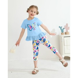 CARETOO Girls Holiday Outfits 2pcs Back to School Summer Outfits for Girls Cute Colorful Butterfly Pattern Ruffle Hem Aqua Blue Short Sleeve Top and Floral Capri Pant 4-5t 4t 5t