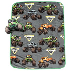Jay Franco Monster Jam Grave Digger Nogginz Set - 40 x 50 Inch Lightweight Travel Throw Blanket & Pillow - Kids Super Soft 2 Piece Bedding Set