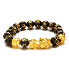 Feng Shui Pixiu Bracelet Good Luck Black Obsidian Wealth Protection Bracelet Can Bring Luck and Prosperity Buddha Beads Elastic Bracelet for Women Men Gifts Jewelry-Black