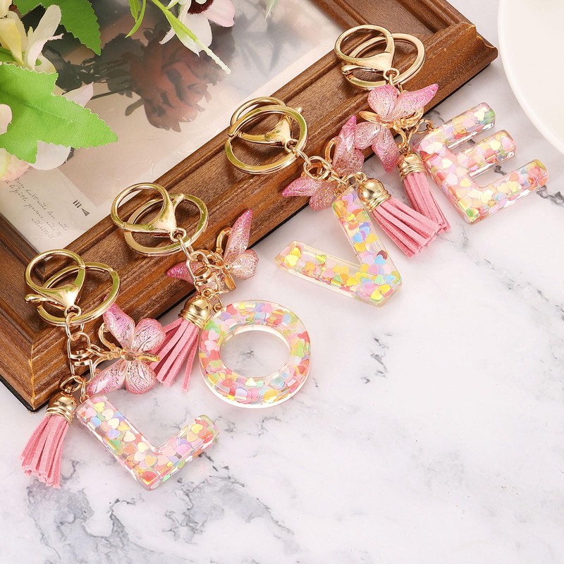 sourcing map Initial Letter Keychains, Resin Cute Butterfly Tassel Pendant