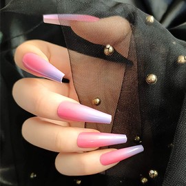 Brishow Coffin False Nails Long False Nails Gradient Ballerina Acrylic Press on Nails 24 Pieces for Women and Girls (J)