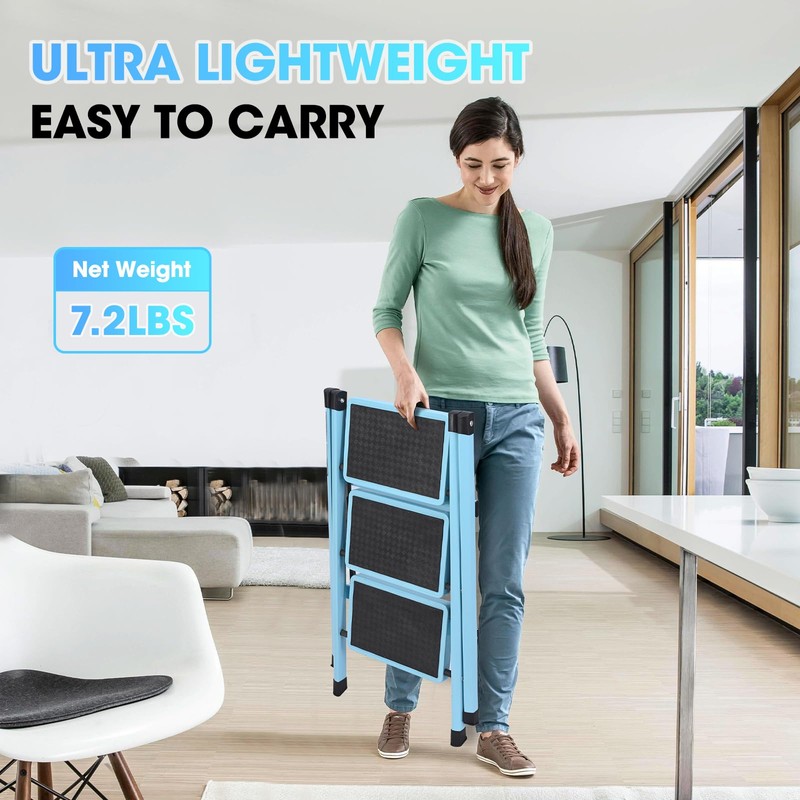 3 Step Ladder, Folding Step Stool for Adults, Lightweight Aluminum