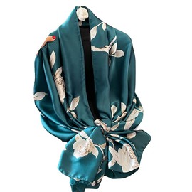 Silk Scarf Women Chiffon Shawl Lotus Scarf Neckerchief Long Head Wrap Thin Scarf Beach Women Hijab Belt Vintage Bridal Shawl Binder Chiffon Scarf Colorful Cloth White Green180*90CM (Blue-flower)