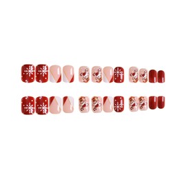 Christmas Press on Nails Short Square Winter French Tip Fake Nails Wine Red Full Cover White Snowflake False Nails with Elk Designs Glossy Glue on Nails Acrylic Nails Artificial Nails for Women Girls
