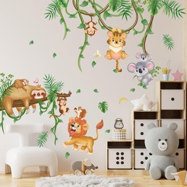 Jungle Safari Animal Wall Decals for Kids Nursery, Lion Tiger Koala Monkey Peel and Stick Stickers, Tropical Leaves Decor for Baby Bedroom, Classroom, Playroom