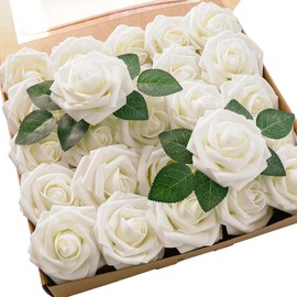 Floroom - 25 Rosas Artificiales de Espuma Marfil de Aspecto Real con Tallos para Hacer tú Mismo, Ramos de Boda, Centro de Mesa, arreglos Florales, mesas de Fiesta, decoración del hogar