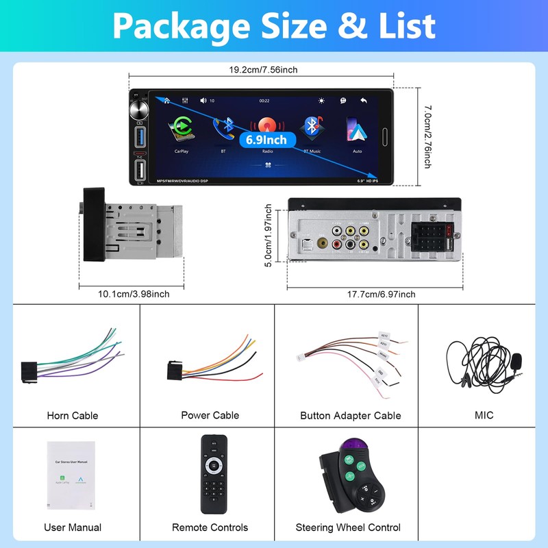 Motorsi Single Din Car Stereo with Wireless Apple Carplay, 6.9