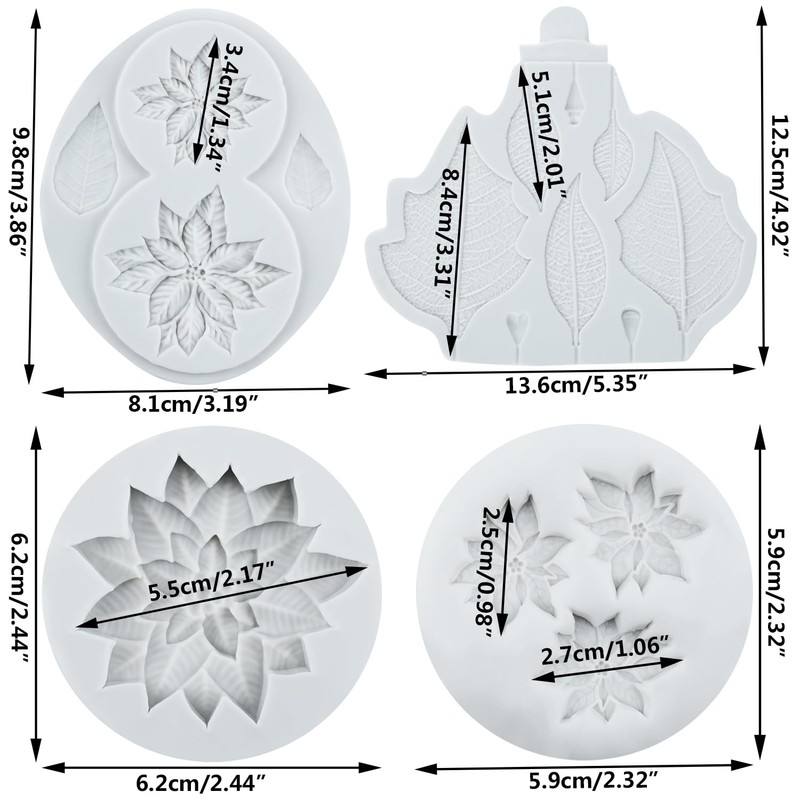 Lingzhi Poinsettia Silicone Molds Flower Fondant Mold Set of 4