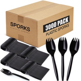 Eaasty 3000 Count Plastic Disposable Sporks Bulk Cutlery Spork 2 in 1 Heavy Weight Fork Spoon for Outdoor Activities School Picnics Parties Restaurants(Black)