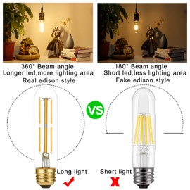 LiteHistory Dimmable E26 Edison Bulb 6W Equal 60 watt Light Bulb AC120V Warm White 2700K Edison Light Bulbs 60 Watt 600LM Tubular T10 led Bulb for Rustic Pendant,Chandeliers,Wall sconces,Vanity 6Pack