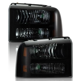 G-PLUS Headlights Assembly, Compatible with 2005-2007 Ford F250 F350 Super Duty bumper Headlamp, Smoky lens Black Housing Amber Reflector