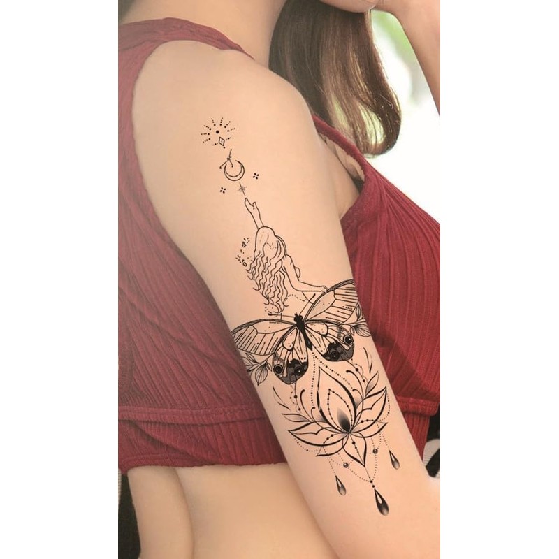 6 Sheets Temporary Butterfly Tattoo Moon Tattoo Lotus Flowers Tattoos