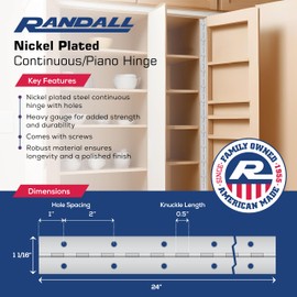 2', 3', 4', or 6' Lengths Nickel or Brass Plated 1 1/16" Continuous Hinge/Piano Hinge (Nickel Plated, 2 FT)