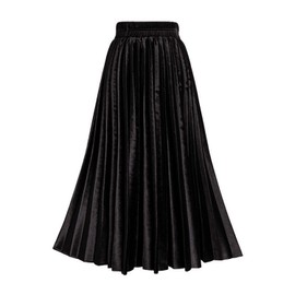 TONCHENGSD Women's High Elastic Waist Velvet Midi Long Pleated Swing Ruffled Skirt (Black, S)