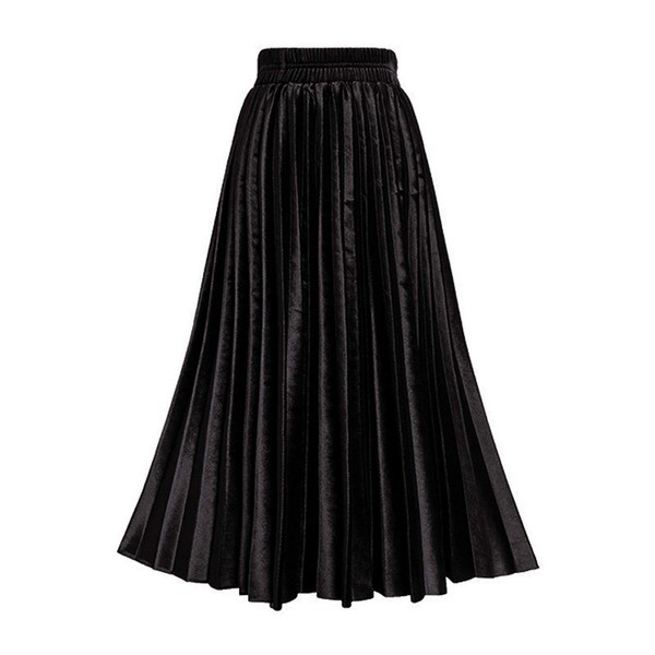 TONCHENGSD Women's High Elastic Waist Velvet Midi Long Pleated Swing