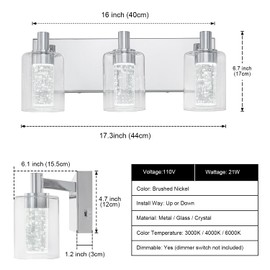 SineRise Vanity Light with 3 Color Modes (3000K/4000K/6000K), Eye Protection LED Bathroom Light Fixture, Dimmable Modern Wall Light Over Mirror with Clear Glass Shade (Chrome, 3-Light)