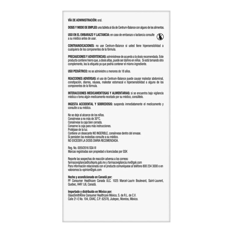 Multivitamínico Centrum Balance con Vitamina B Vitamina C Hierro Potasio
