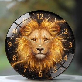 Lancholy 12-Inch Silent Tempered Glass Wall Clock, Golden Lion Clock Face Majestic Animal Head ” Silent Non-Ticking Clock, Battery Operated (AA Batteries Not Included), Artistic Home Decor