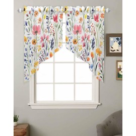 Spring Floral Swag Valances for Windows Colorful Wildflower Semi Sheer Valance Curtains Pink Purple Yellow Flowers Voile Swags Topper Curtain for Kitchen Living Room Bedroom, 2 Panels, 36x36 Inch