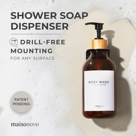 MaisoNovo Shampoo and Conditioner Dispenser - Shower Soap Dispenser Wall Mounted - 16.9 fl oz Set of 3 Amber Plastic Bottles Black Bamboo Pump - Shampoo Dispenser, Shower Dispenser 3 Chamber No Drill