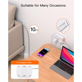 BESHON 10FT Surge Protector Power Strip, Flat Extension Cord with 2 USB C, Flat Plug Power Strip, 4 Widely Outlets and 4 USB Charging Ports, Outlet Extender, 900 Joules, for Home Office Dorm Room Essentials