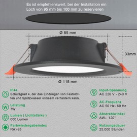 Sweier LED Spotlight IP44 Black, 7 W Recessed Ceiling Spotlight LED 230 V, 600 LM Warm White 3000 K Ceiling Spotlights LED, Hole Diameter 88-100 mm, Installation Depth 35 mm, Set of 5
