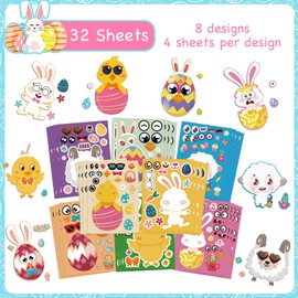 32 Sheets Easter Stickers for Kids Make-A-Face with Easter Eggs Farm Animal Rabbit Chicks Sheeps Themed Make Your Own Mix and Match Stickers, Easter Kids Party Favor Supplies DIY Crafts Decorations