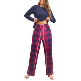 Famulily Pajama Sets for Women UK Soft Lounge Sets O-Neck Sleepwear Tops+Printed Plaid Long Pants Navy Blue XXL