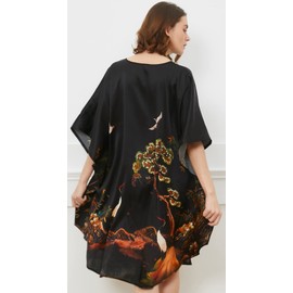 Ledamon Women's 100% Silk Short Robe Bathrobe Nightgown Pajama Sleepwear -Classic Batwing Sleeved (Black-A)