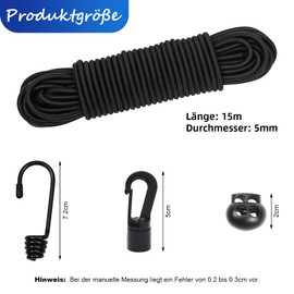 suruikei Rubber Cord 5 mm 15 m Black, Elastic Expander Rope, Rubber Cord, Rubber Cord, Rubber Band, Tarpaulin Rope, Tension Rope with Hooks, Accessories, DIY (Black, 5 mm x 15 m)