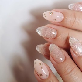 Short Press on Nails Nude Almond Fake Nails Cute Stars False Nails with Bling Designs Glossy Glitter False Nails Reusable Acrylic Nails Full Cover Glue on Nails for Women Girls 24PCS