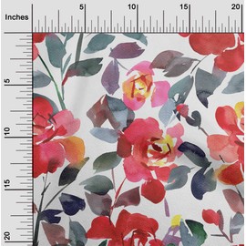 oneOone Polyester Spandex White Fabric Leaves & Rose Floral Sewing Material Print Fabric by The Meter 56 Inch Wide