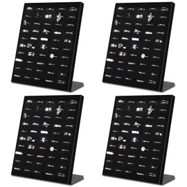 Qianyu 4 Pack Velvet Ring Display Stand, 50 Slots Ring Earring Jewelry Display Tray L-Shaped Jewelry Organizer Rings Holder for Selling Earrings Jewelries (Black)