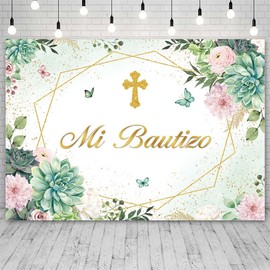 AIBIIN Fotohintergrund, Mi Bautizo, goldfarben, Kreuz, Blume, Schmetterling, Kommunion, Taufe, Thema, Banner, Dekoration, Zuhause, Fotozubehör, 2,1 x 1,5 m