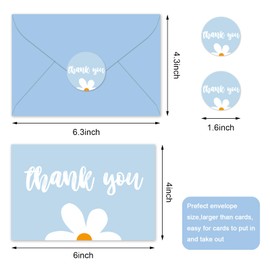 Whaline 24Pcs Daisy Thank You Cards with Envelopes and Stickers Blue White Boho Flower Greeting Cards Blank Note Cards for Birthday Wedding Party Supplies
