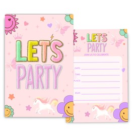 Fablus Preppy Patch Birthday Invitations for Girls, Let's Party Birthday Party Invitaions for Party Invites, 4x6 Inches, 30 Sets with Envelopes