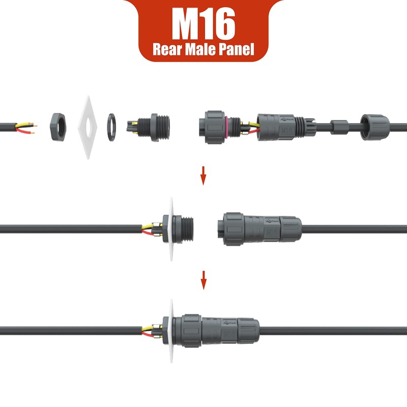 AOHUA IP68 Waterproof Connector (5-Pack), M16 2-Pin Industrial/Aviation Connector, (300V/10A)