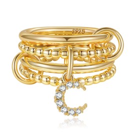 PABBEU Rings Gold Silver Waterproof Statement Ring Gold Women's Finger Ring Hypoallergenic Stackable 14K Gold-Plated Ring Set Women with Zirconia Size 54, Cubic Zirconia