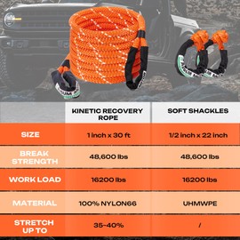 AUSUM MOTOR 1" x 30ft Kinetic Recovery Rope Kit (Reflective), 48,600 lb Break Strength, with 2 UHMWPE Soft Shackles, Heavy-Duty Offroad Recovery Kit for Trucks, SUVs, Jeeps, UTVs, ATVs (Orange)
