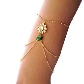 Abhika Creations Golden Multi Chain Flower Shape Kundan With Green Beads Bajubandh Bracelet Designer Bollywood Style Unique Indian Fashion Jewelry Bajubandh Bracelet