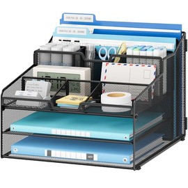 Lavatino Organizador de escritorio, malla metálica con 2 bandejas de papel para cartas, 7 divisores flexibles, 2 soportes verticales para archivos de 