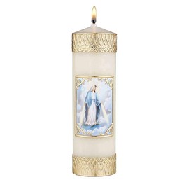 CB Church Supply - Velas devocionales decoradas a mano con imagen enmarcada de cera dorada Will & Baumer - Vela de oración familiar, 8 pulgadas, Lady of Grace