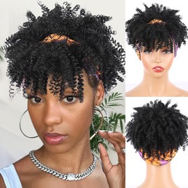 LEOSA Afro Curly Headband Wigs with Bangs - Natural Black Kinky Curly Hair Wigs