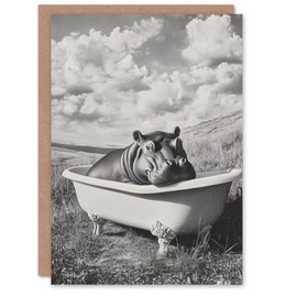 Artery8 Greeting Card Baby Hippo in Bathtub Black White Surreal Blank For Him Or Her Art Birthday Card