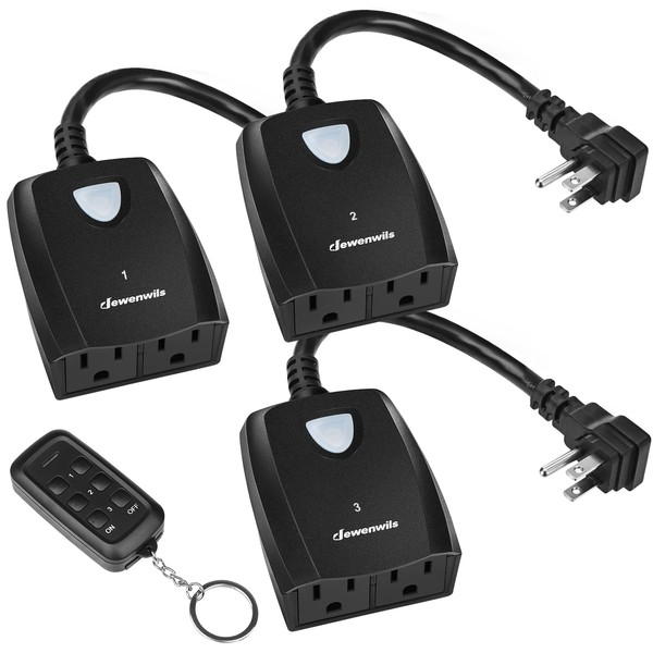 DEWENWILS Outdoor Remote Control Outlet, Weatherproof Wireless Electrical Plug in Light Switches, 7" Extension Cord,15 AMP, 100 FT Range, ETL Listed, 1 Remote 3 Outlets for Lamp/Lights/Fans