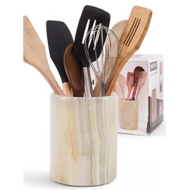 SPESHSTONES Marble Utensil Holder 6.5 Inch White Onyx Wooden Cooking Utensils Set & Spatula Organizer for Kitchen Counter, Stone Utensil Crock & Caddy for Spoon Holder & Farmhouse Decor