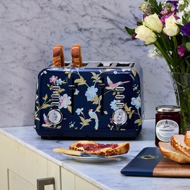 VQ Laura Ashley Elveden Navy Stainless Steel 4 Slice Toaster | Multi-Functional Bagels & Bread Toaster 4 Slice with Adjustable Heating & Defrost Mode | Featuring 4 Wide Slots, Croissant Warming Rack