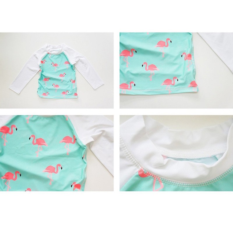 [Emfay] キッズ 女の子 水着 セパレート フラミンゴ柄 長袖 女児水着 ラッシュガード キャップ付き
